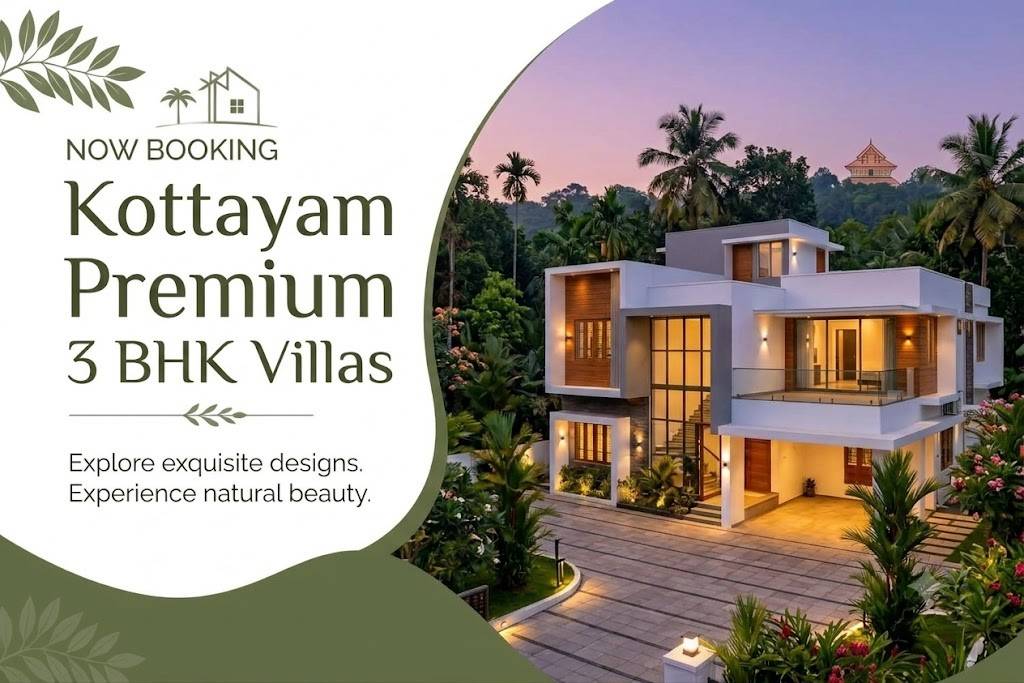 Modern two-story 3 BHK luxury villa with ambient lighting, paving, and lush greenery in Kottayam, featuring a stylish promo banner design.