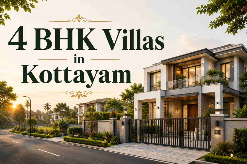 4 BHK Villas in Kottayam featuring a spacious modern villa with landscaped surroundings