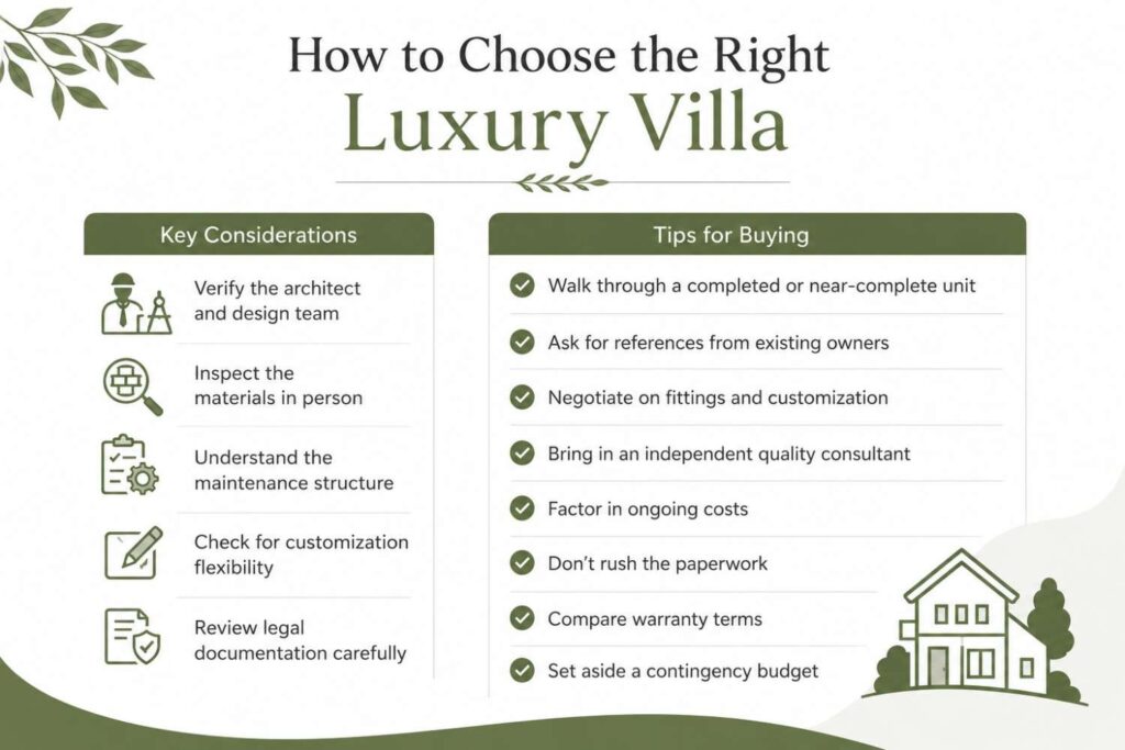 Illustration highlighting key factors to consider when choosing a luxury villa, including design quality, construction materials, legal verification, and buying tips.