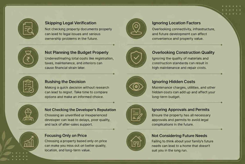 Infographic explaining common mistakes buyers should avoid when purchasing a luxury villa, including legal verification, budgeting, construction quality, and hidden costs.