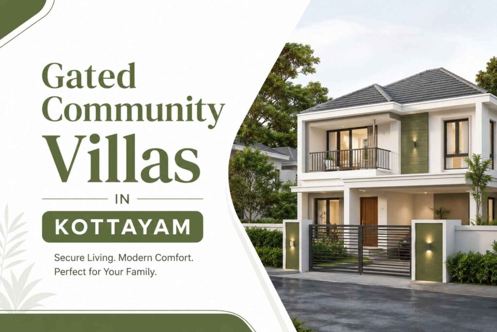 Featured image of a modern gated community villa in Kottayam with a secure entrance, landscaped surroundings.