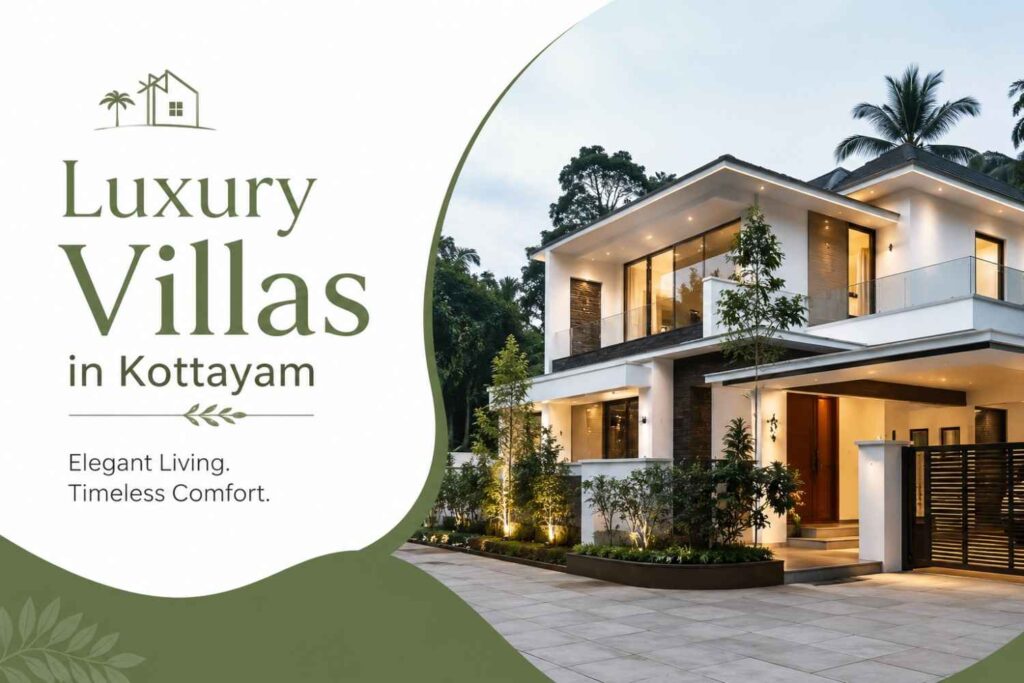 Luxury villa in Kottayam featuring contemporary architecture, landscaped surroundings, and premium residential design in olive green and white tones.
