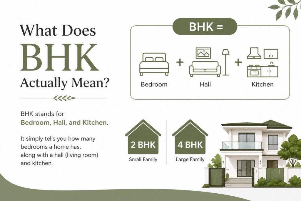 Illustration explaining the meaning of BHK in residential properties, showing Bedroom, Hall, and Kitchen with examples of 2 BHK and 4 BHK villa layouts.