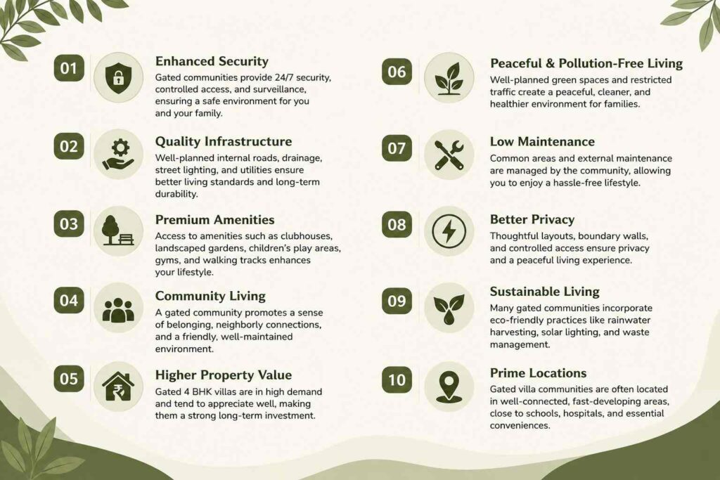 Infographic showing key benefits of gated 4 BHK villas including security, amenities, privacy, infrastructure, and community living