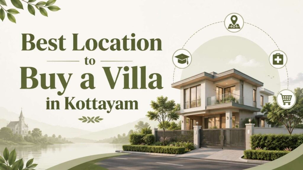 Feature image illustrating the Best Location to Buy a Villa in Kottayam with a modern villa, peaceful surroundings, and nearby lifestyle amenities.