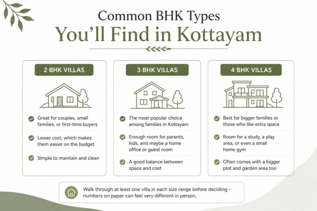 Infographic breaking down common BHK villa types in Kottayam, comparing 2 BHK, 3 BHK, and 4 BHK villas with line icons and bulleted features.