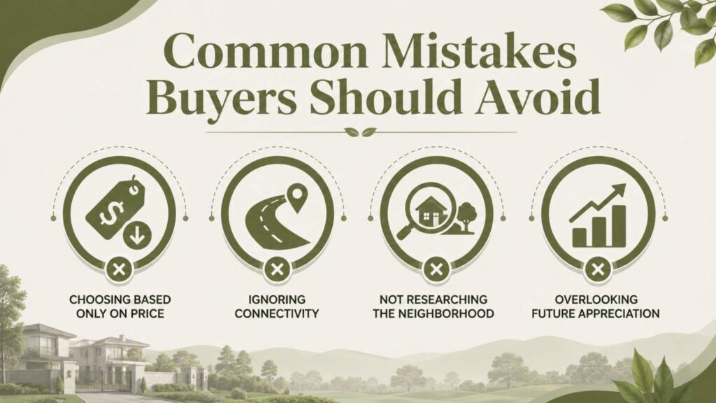 Infographic showing common mistakes buyers should avoid when choosing the Best Location to Buy a Villa in Kottayam, including focusing only on price, ignoring connectivity, overlooking neighborhood research, and future appreciation.