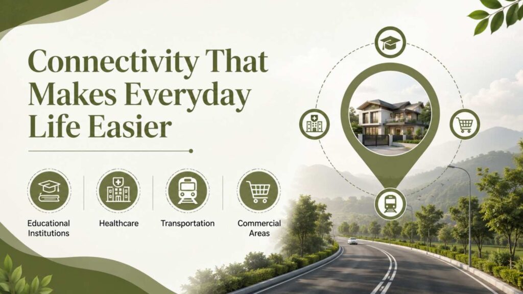 Connectivity features that define the Best Location to Buy a Villa in Kottayam, including educational institutions, healthcare, transportation, and commercial areas.