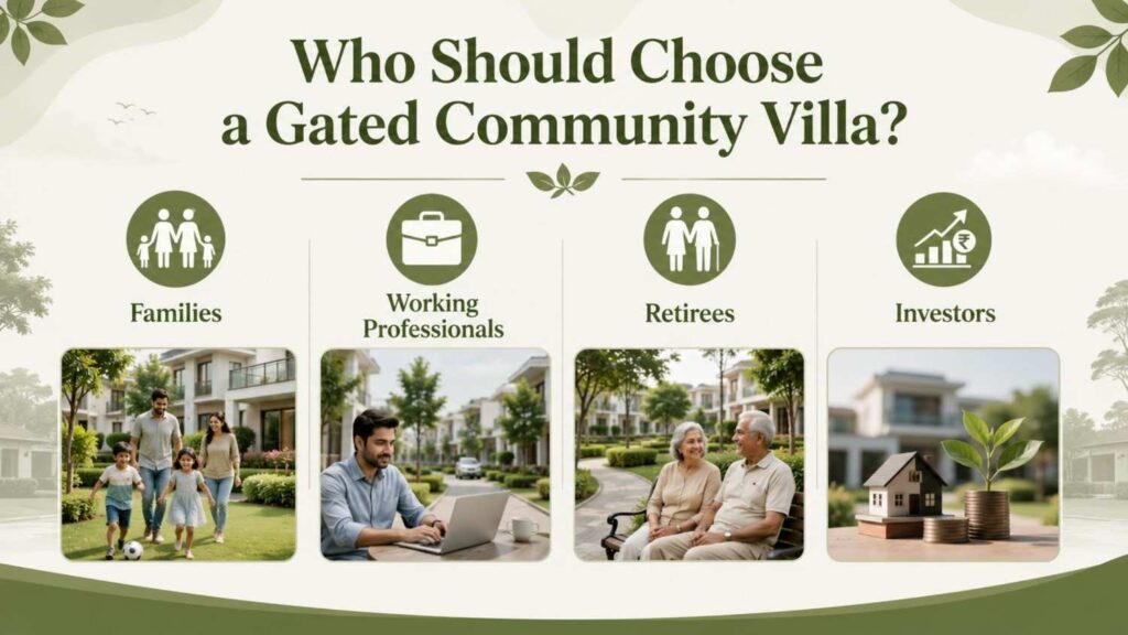 Infographic showing who should choose a gated community villa in Kottayam, including families, working professionals, retirees, and real estate investors.