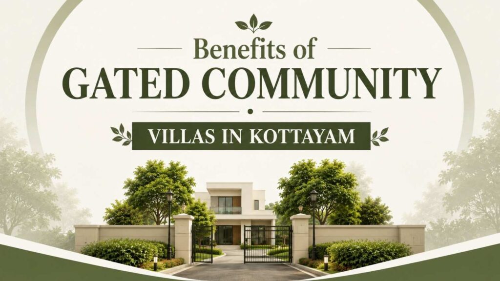 Feature image showing the Benefits of Gated Community Villas in Kottayam with a modern gated villa, landscaped surroundings, and a secure residential entrance.