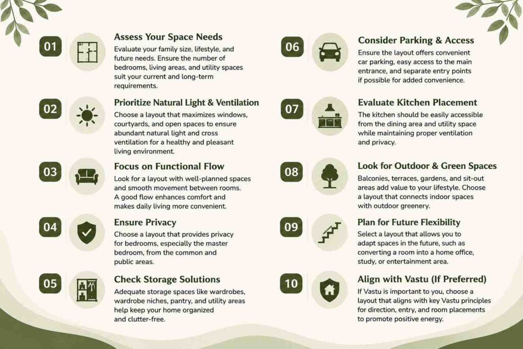 Infographic showing practical tips for choosing the right villa layout based on space, privacy, ventilation, storage, parking, and future needs