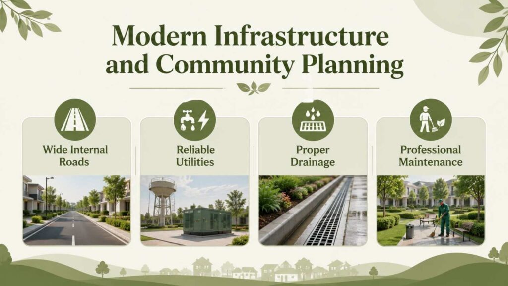 Infographic illustrating modern infrastructure and community planning in gated villas, featuring wide internal roads, reliable utilities, proper drainage, and professional maintenance in Kottayam.
