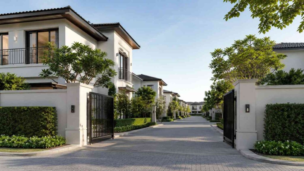 Realistic gated community villa with a secure entrance, landscaped greenery, and a private residential road.
