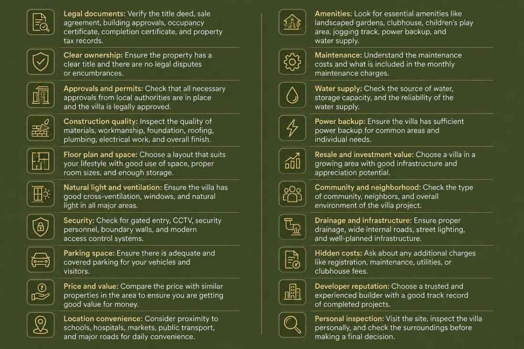 Olive-green checklist infographic showing legal documents, construction quality, security, amenities, parking, and resale value for villa buyers