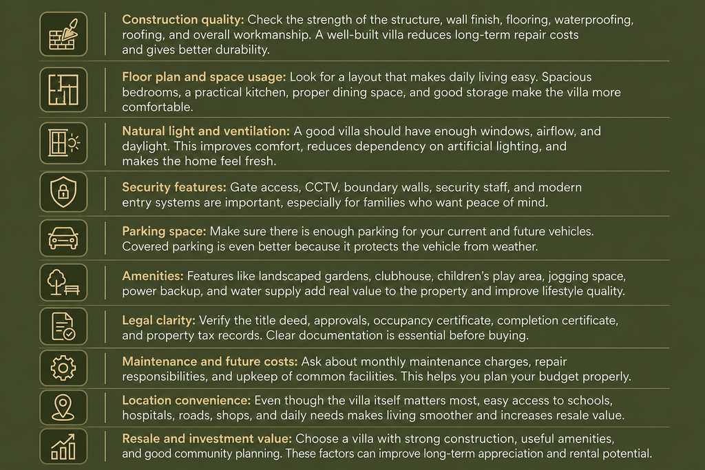 Olive-green infographic listing important villa features such as construction quality, floor plan, security, parking, amenities, and resale value