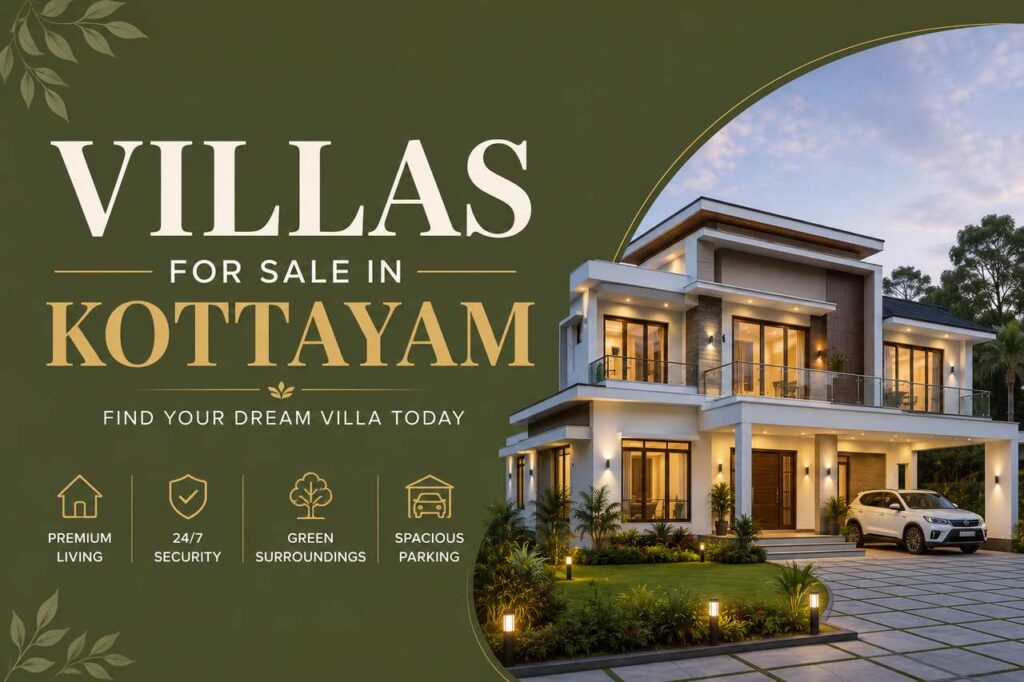 Modern luxury villa advertisement for villas for sale in Kottayam with olive-green background and premium home features