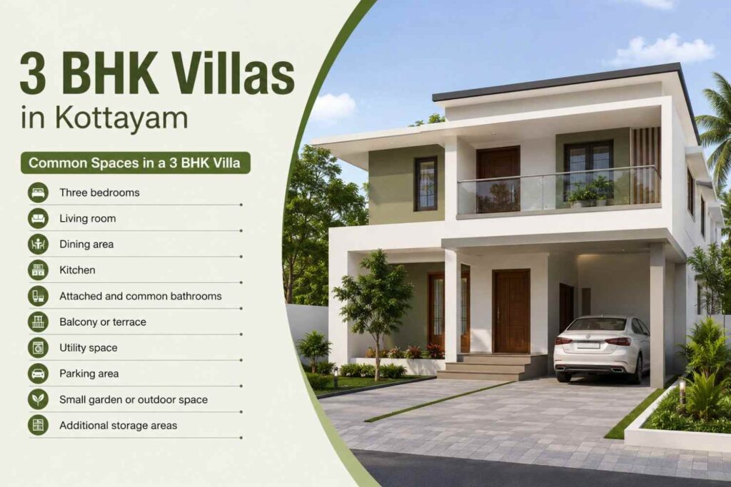3 BHK villa in Kottayam with common spaces including bedrooms, living room, dining area, kitchen, bathrooms, balcony, utility space, parking, garden, and storage.