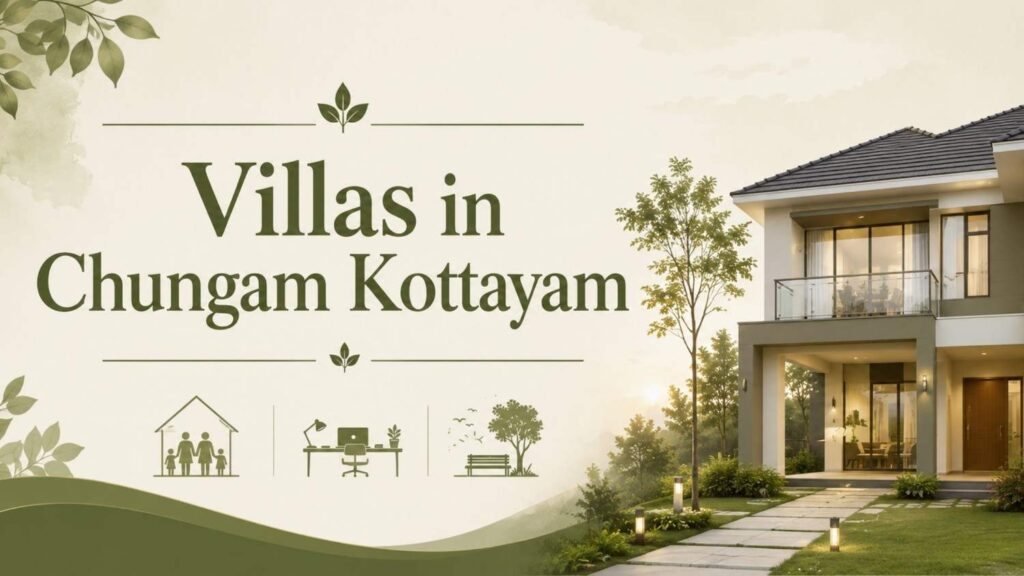 Villas in Chungam Kottayam featuring a contemporary home, landscaped greenery, and peaceful residential surroundings