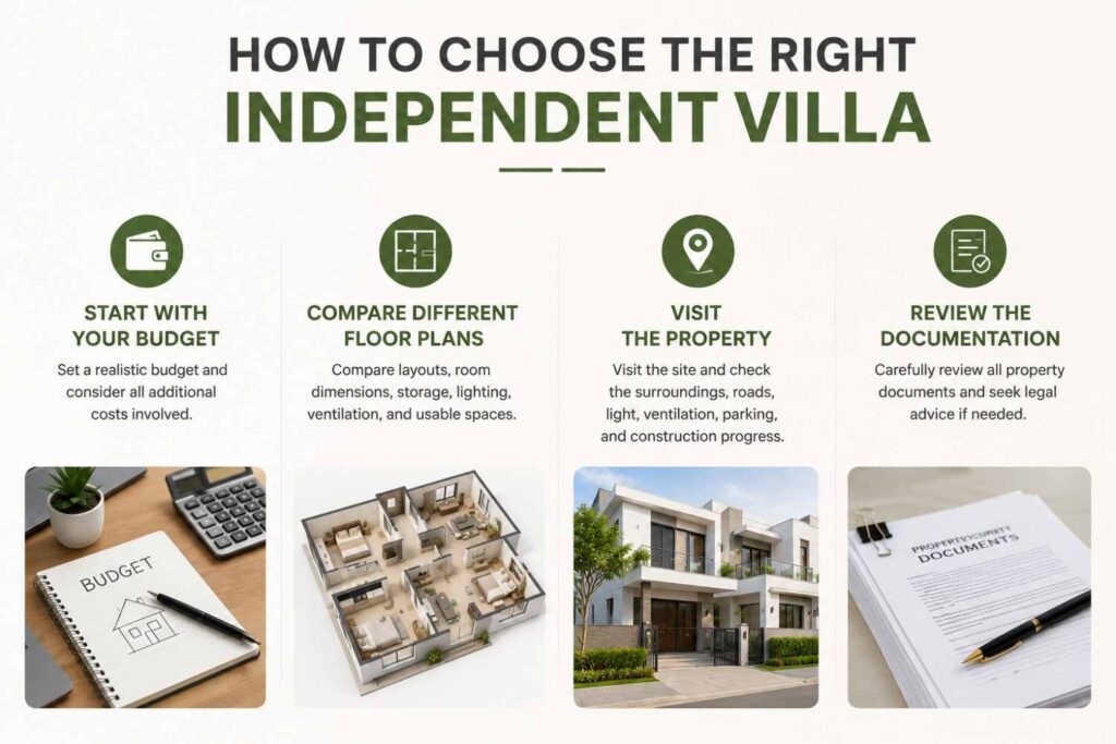 Four steps for choosing the right independent villa: setting a budget, comparing floor plans, visiting the property, and reviewing documentation.