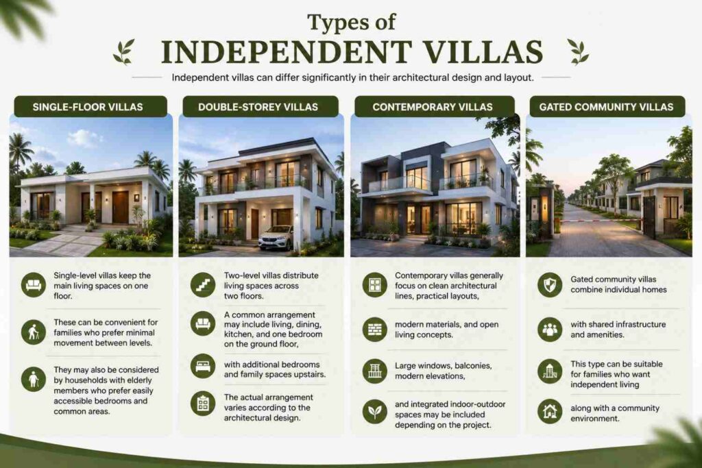 Types of independent villas, including single-floor, double-storey, contemporary, and gated community villas.