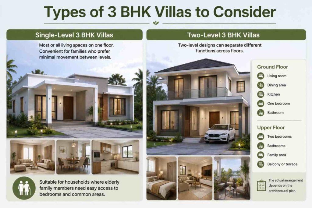 Types of 3 BHK villas, comparing single-level and two-level designs with their typical living spaces and layouts.