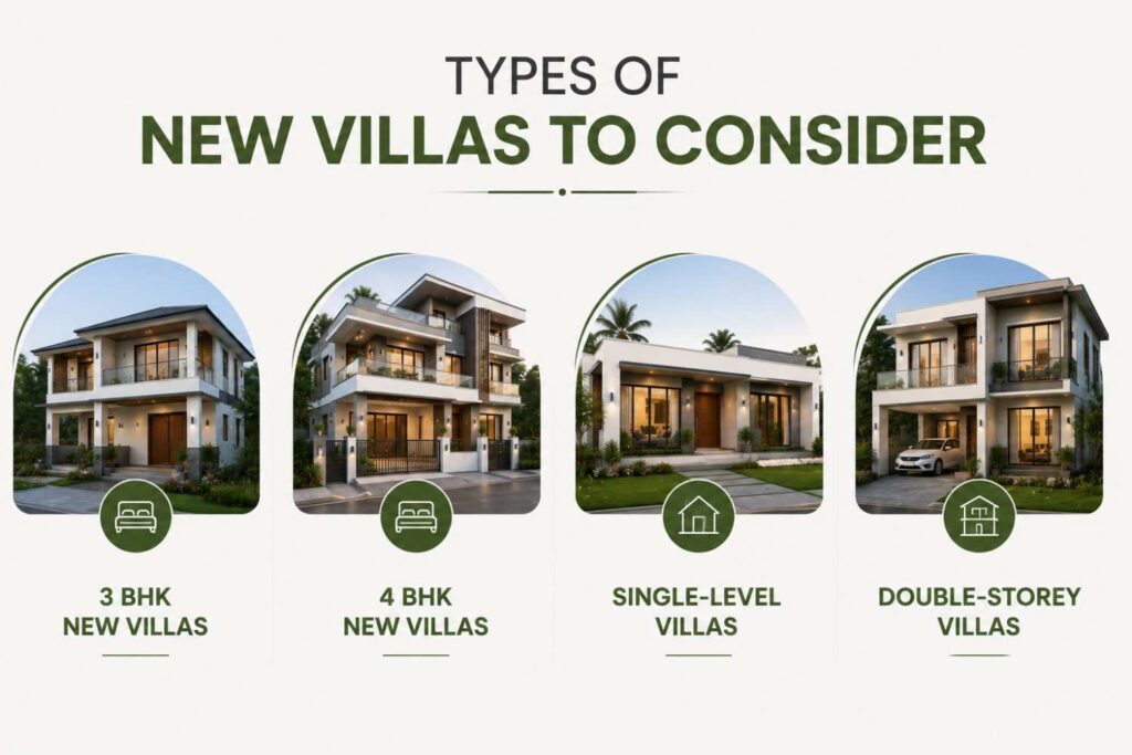 Types of new villas including 3 BHK, 4 BHK, single-level, and double-storey villas.