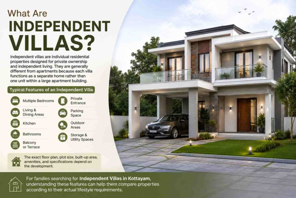 Independent villa with multiple bedrooms, private entrance, parking, outdoor areas, balcony, and storage and utility spaces.