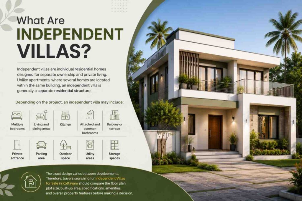 Modern independent villa with multiple bedrooms, living and dining areas, kitchen, bathrooms, balcony, private entrance, parking, outdoor, utility, and storage spaces.