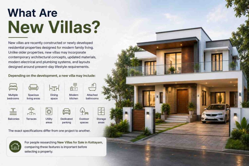 Modern new villa with spacious living areas, bedrooms, kitchen, bathrooms, balconies, terraces, parking, outdoor spaces, and storage areas.