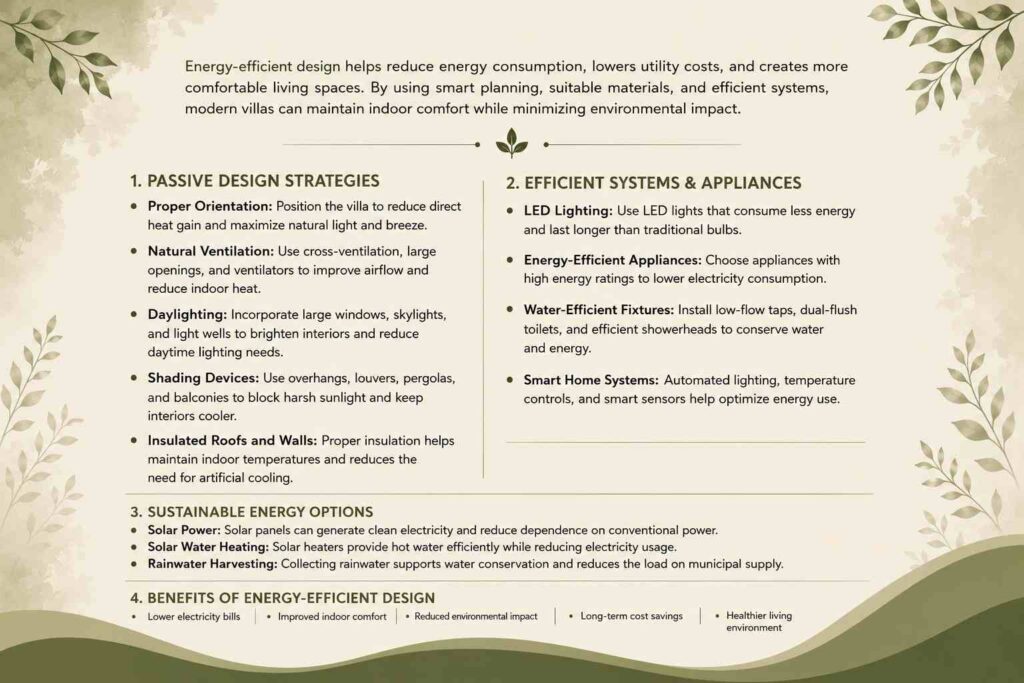 Energy-efficient villa design with passive strategies, efficient systems, and sustainable energy options