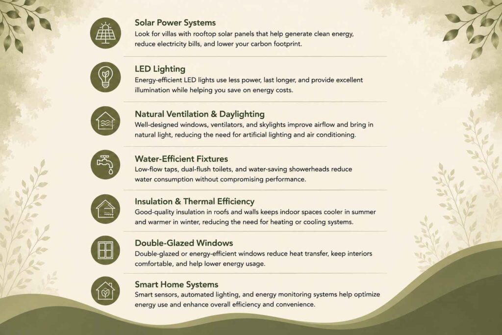 Energy-efficient features in premium villas including solar power, LED lighting, natural ventilation, and smart home systems
