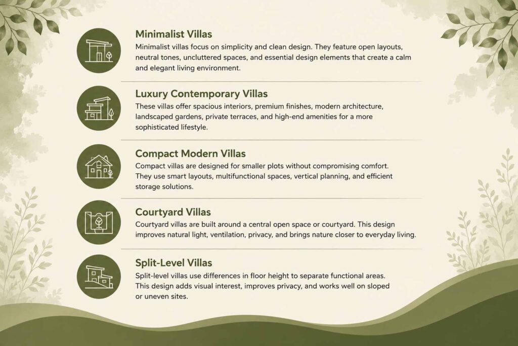 Types of modern villas including minimalist, luxury contemporary, compact, courtyard, and split-level designs